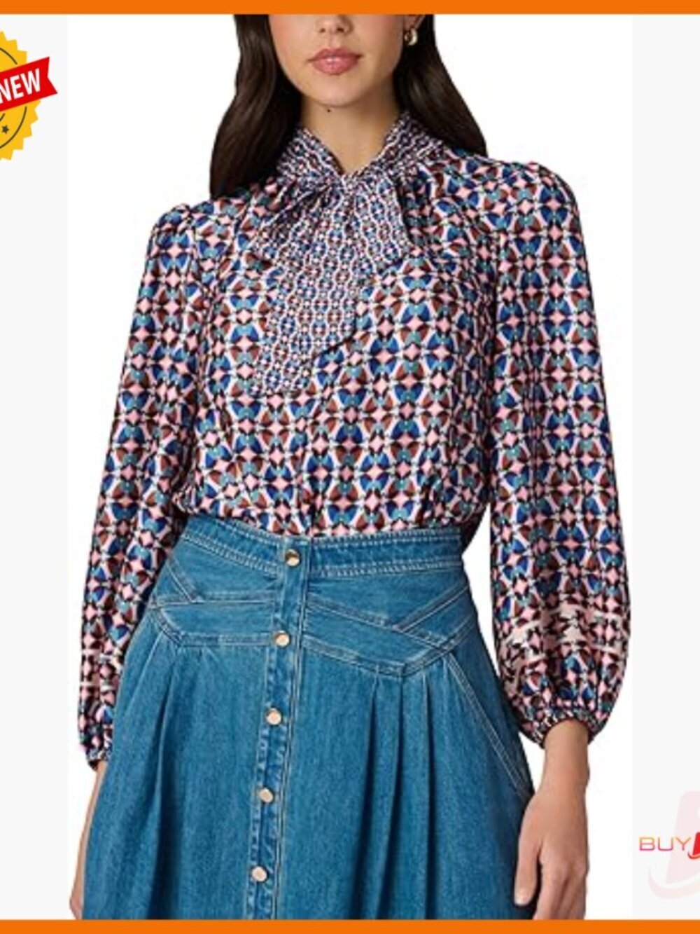 Loose Fit Blouse with Tie Neck and Puff Sleeves, Dry Clean Only